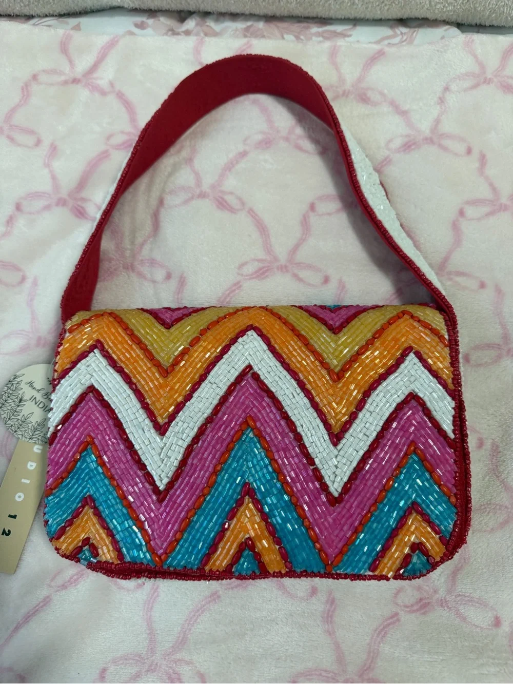 Colorful Beaded Chevron Shoulder Bag in Red, Pink, Orange, Blue & White